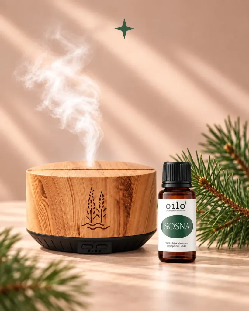 Dyfuzor Aroma Forest z mgiełką obok olejku sosnowego
